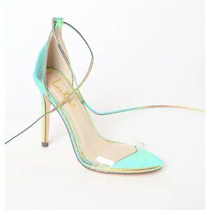 NEW Lulus SZ 7 Ledah Hologram Snake Lace Up Stiletto Heels Iridescent Tie Clear